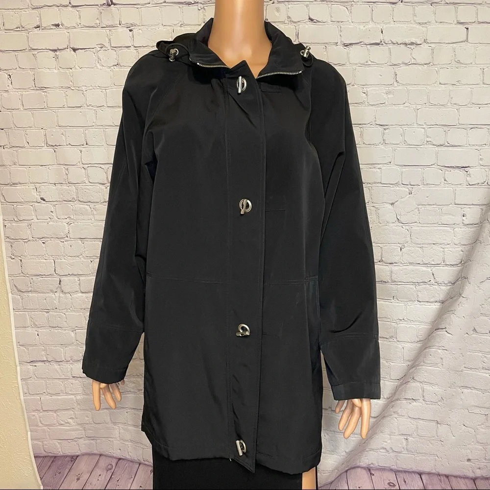 Liz Claiborne Black Trench Coat w/Detachable Hood size medium